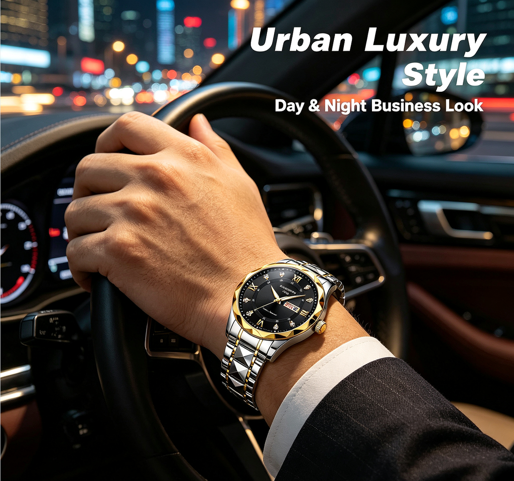 New Stainless Steel Men's Quartz Watch – Roman Numerals, Rhinestone Dial, Date Calendar, Luminous Display – Trendy Minimalist Luxury Design, Ideal Birthday & Holiday Gift – Elegant Couple Watch Set