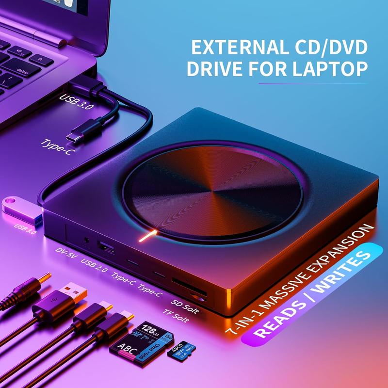 DVD Player, Plug and Play CD-ROM Drive for PC & Laptop, High-Speed 8 in 1 USB 3.0 CD/DVD Burner, Compatible with Mac, Windows 11/10/8/7 Portable