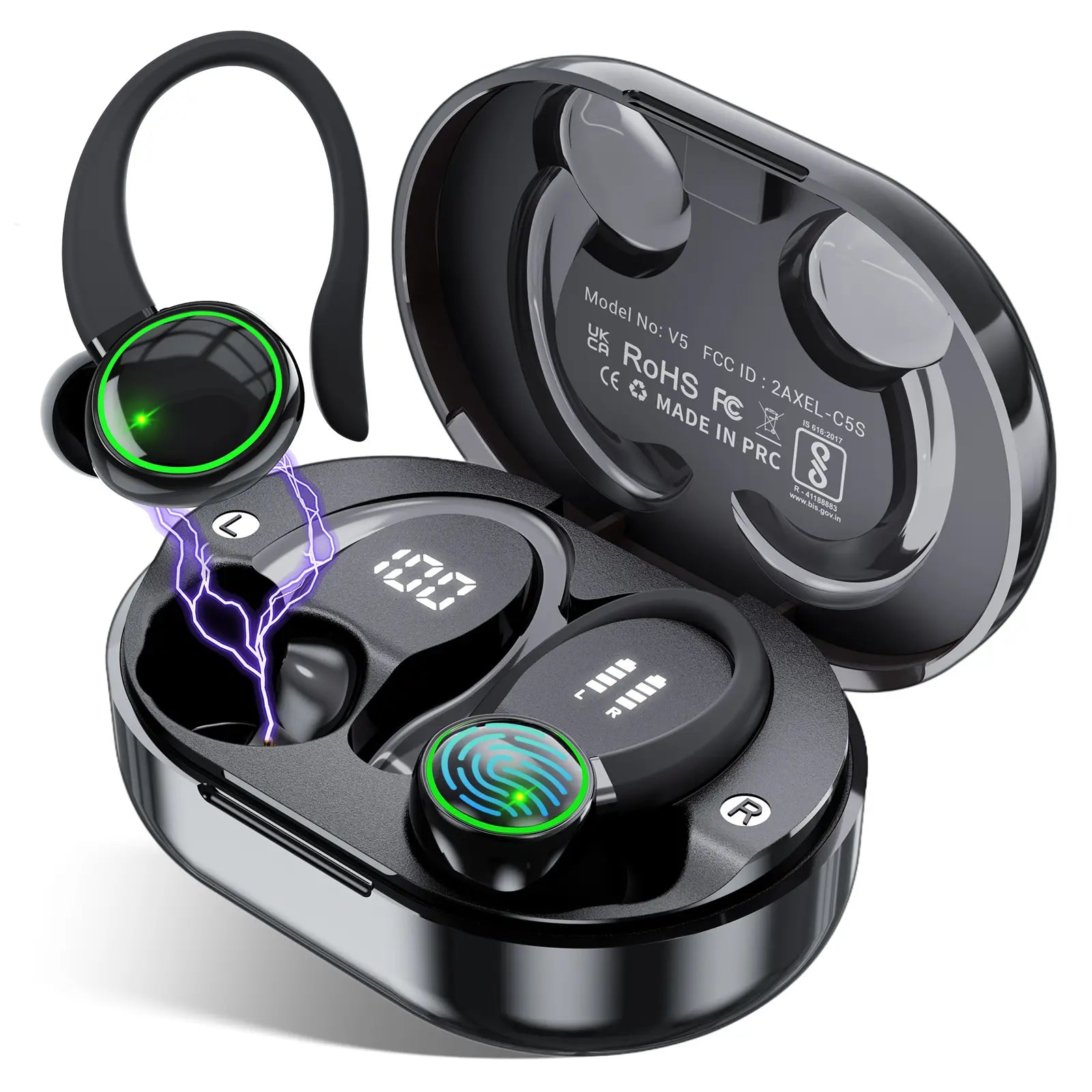 Wireless Bluetooth Earbuds - IPX7 Water Repellent, Sturdy In-Ear Headphones with Type-C Jack, Noise Reduction, 1-Year Warranty, High-Quality Audio, Hanging Ear Design (Black)