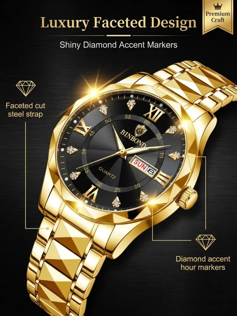 Men's Business Fashion Rhinestone Decor Analog Quartz Watch, Calendrier Waterproof Watch for Party, Daily Decor, Trendy Watch for Birthday Gift with Box, Stainless Steel Wristwatch, Rhinestone Embellished Watch