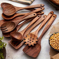 10pcs/set Natural Wood Kitchen Utensil Set, Wooden Cooking Tools with Ergonomic Handles, Heat-Resistant Spoons Pans Spatulas for Induction Cookers