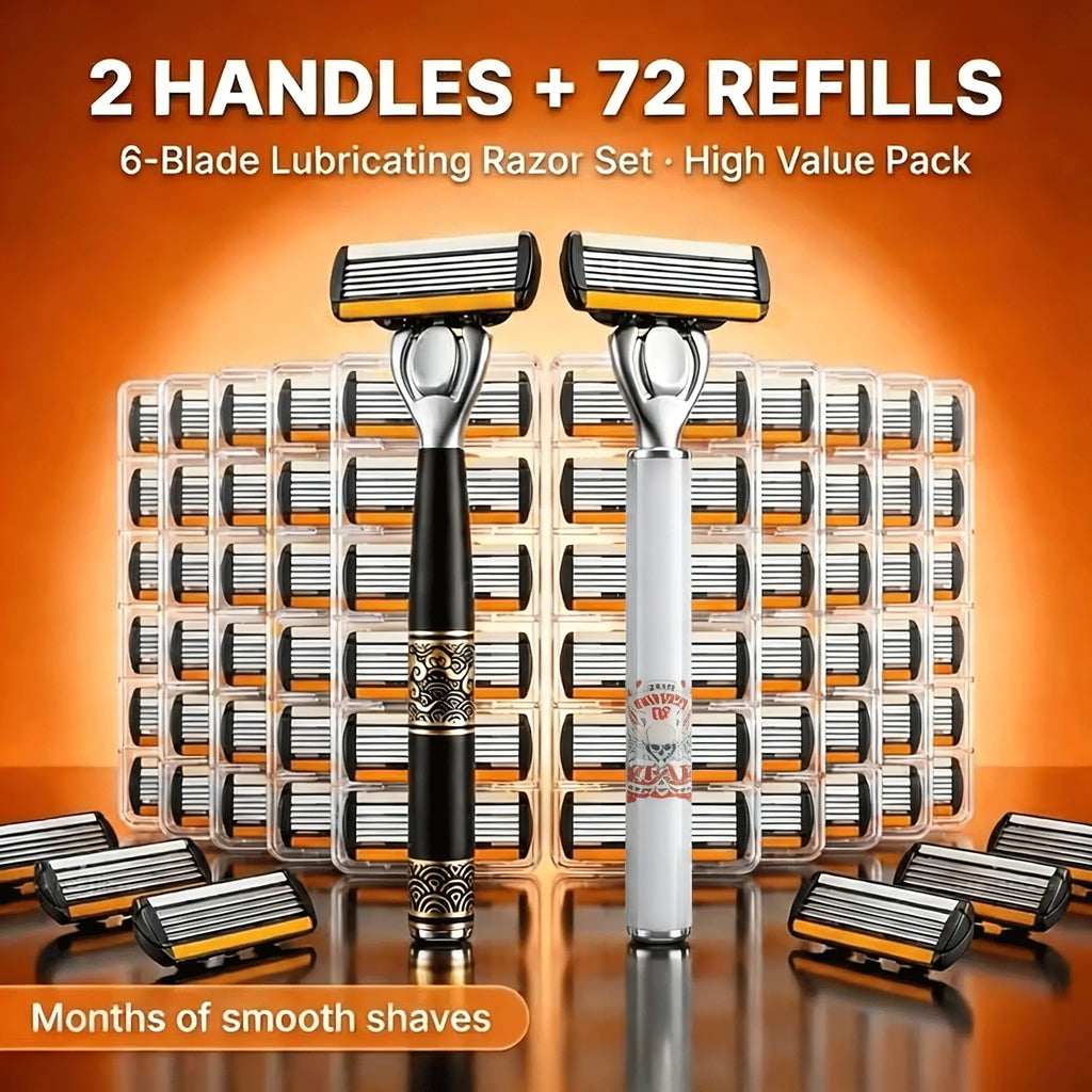 2 Handles + 72 Refills Luxury Shaving Kit | Featuring a Six-Layer Blade System, Ergonomically Designed Handles, Precision Crafted, Ideal for Beard and Mustache Grooming, Perfect Gift for Christmas, Valentine’s Day, and Other Celebrations,father'sdaygifts