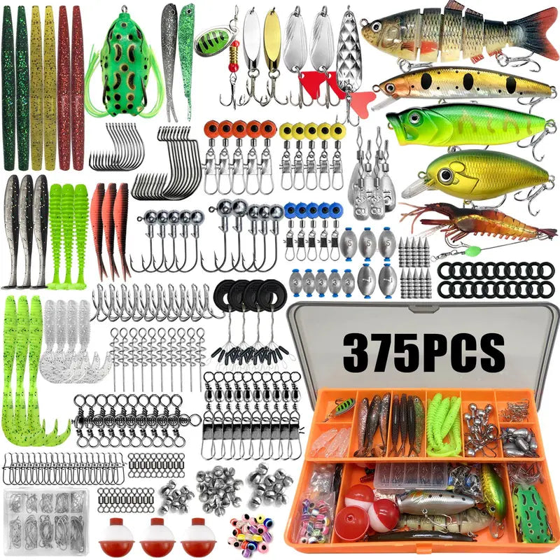 Fishing Lure Kit – 375-Piece Tackle Set with Spoon Lures, Soft Plastic Worms, Crankbaits, Jigs & Hooks – Complete Fishing Supplies for Freshwater & Saltwater