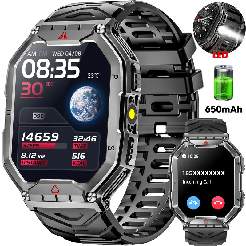 Smart Watch KR82 for Men,2.1" Ultra Large HD AMOLED Display, Make/Answer Call Military Smart Watches for Men Digital Mens Watches Running Waterproof Voice Assistant,Smartwatch Compatible for Android and iOS Wearable Smartphone