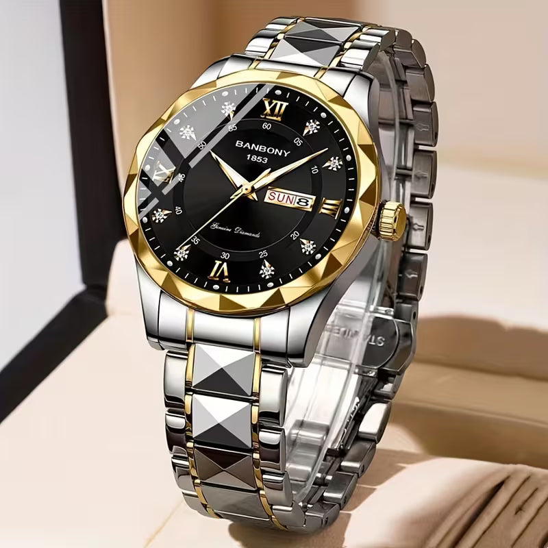 New Stainless Steel Men's Quartz Watch – Roman Numerals, Rhinestone Dial, Date Calendar, Luminous Display – Trendy Minimalist Luxury Design, Ideal Birthday & Holiday Gift – Elegant Couple Watch Set