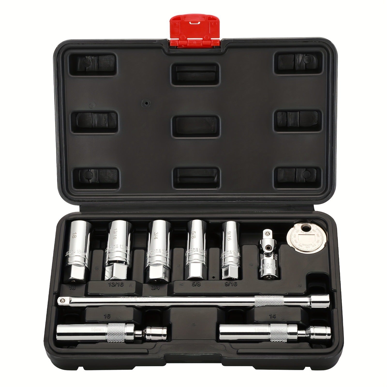 10-Piece 3/8" Drive Magnetic Spark Plug Socket Set - CR-V Steel with Extension Bar and Universal Joint