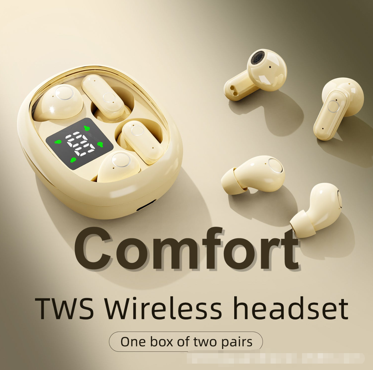 2 Pairs Bluetooth 5.4 Cream White Wireless Earbuds – Built-in Noise Reduction, Up to 36H Battery, HD Calls, Waterproof Touch Control In-Ear – Ideal for Sleeping, Office & Sports