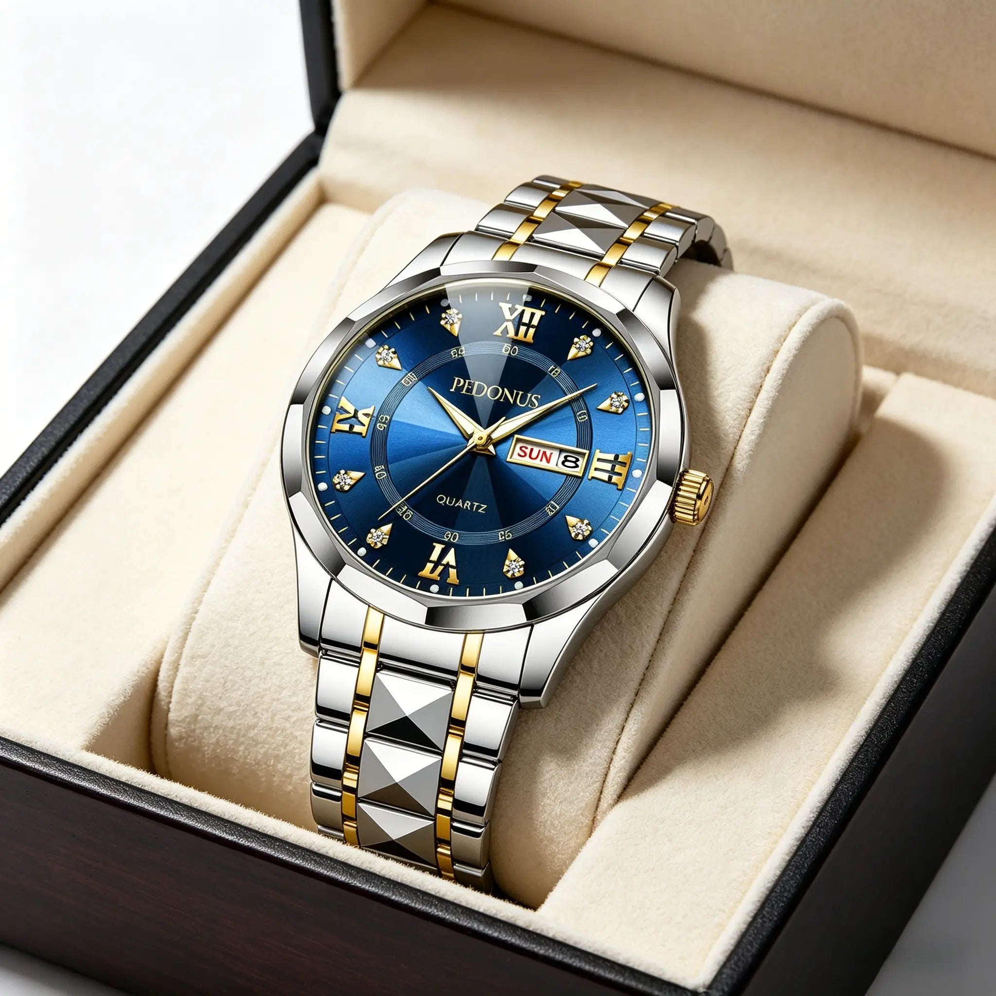 Men's Luminous Business Simple Quartz Watch - Stainless Steel Band, Gold Accents, Blue Dial with Date & Day Indicator summervibes️ image 7