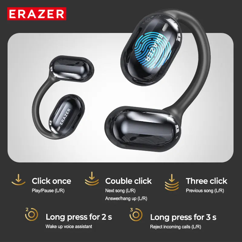 ERAZER True Wireless Open Ear Earbuds Bluetooth 5.4, IPX5 Waterproof,35Hours Play time,OWS Headphones Immersive Premium Sound Long Distance Connection Headset with Charging Case,Light-Weight Headphones Built-in Microphone