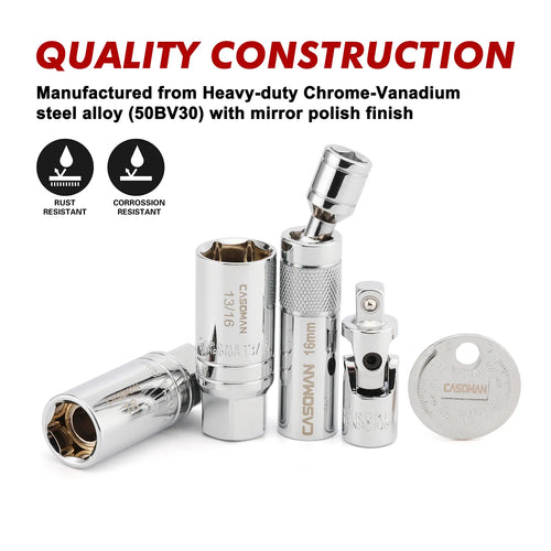 10-Piece 3/8" Drive Magnetic Spark Plug Socket Set - CR-V Steel with Extension Bar and Universal Joint