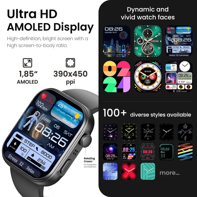 TOZO-S6 Smartwatch 1.85" AMOLED Ultra-Clear Screen Dynamic Watch Faces Bluetooth Call,100+ Sports Modes Fitness Watch Activity Tracker with Heart Rate/Sleep Oxygen Monitor IP68 Waterproof Devices Wearable D MothersDayGift Dustproof Smartphone Wristwatch