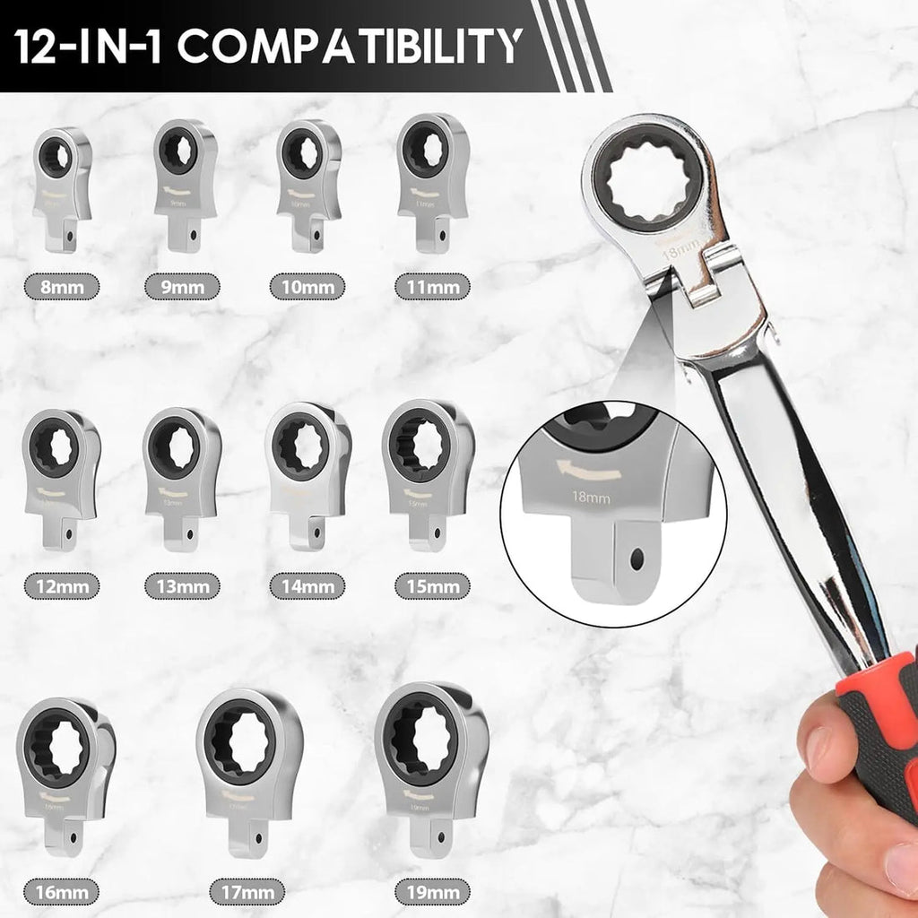 12-in-1 Interchangeable Flex Head Ratchet Wrench Set - Metric 8-19mm, 72-Tooth Flex Head for Tight Spaces, Automotive Repair Tool Kit