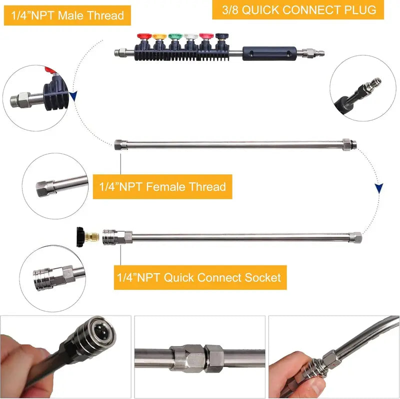 Pressure Washer Extension Wand, 10 Pack Power Washer Lance with 5 Atomization Nozzle Tips,1 Gutter Cleaner Attachment Curved Rod, 1/4" Quick Connect, 4000 PSI Brass Stainless Steel,father'sdaygifts