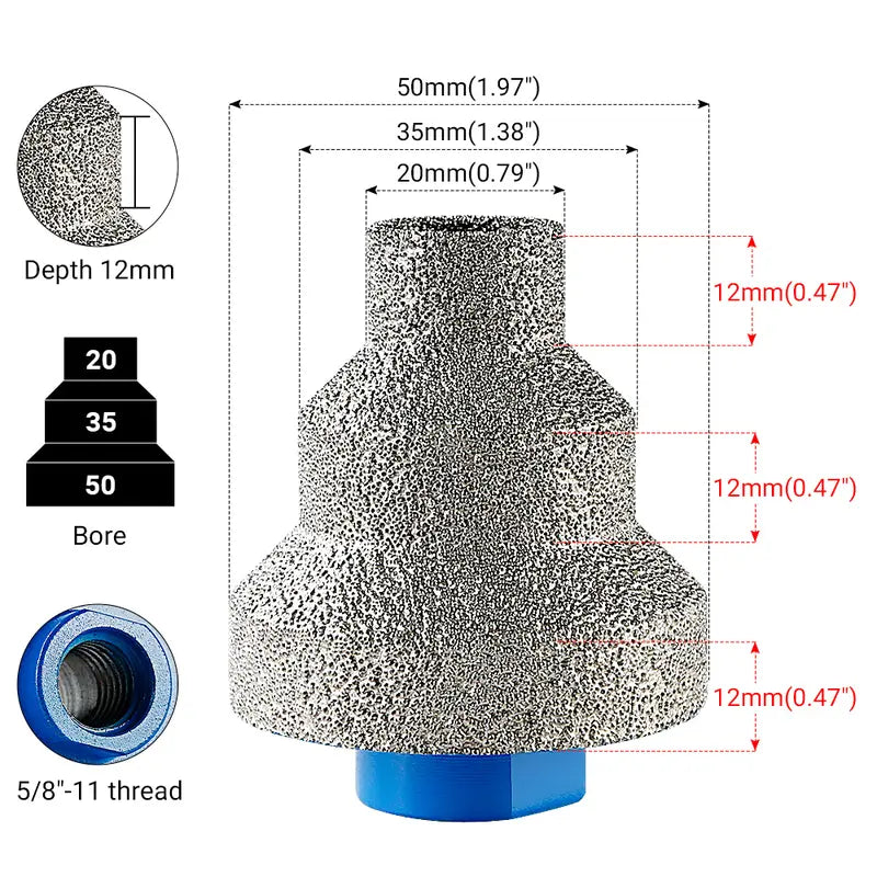 3-Piece Diamond Step Chamfer Drill Bit Set 20-35-50MM - Hole Enlargement Edge Trimming for Tile and Marble (3 Identical Bits)