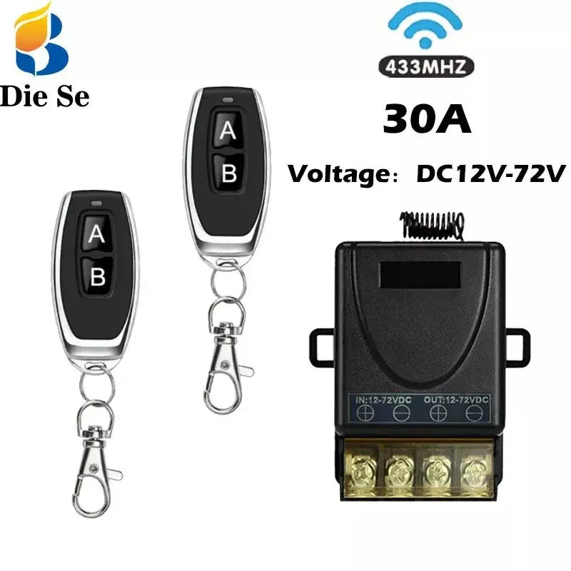 433Mhz Universal Remote Controlled Socket - 30A Smart Home DC Power Switch, Compatible with 9V, 12V, 24V, 72V DC Systems