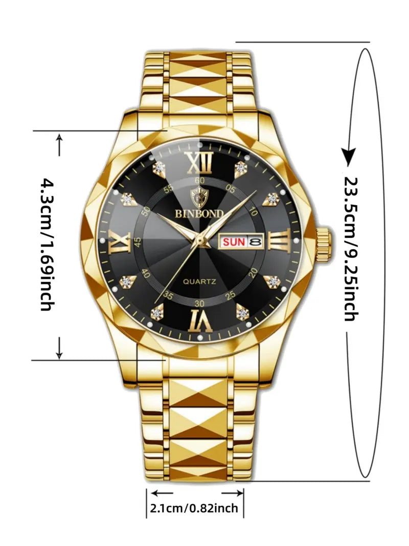 Men's Business Fashion Rhinestone Decor Analog Quartz Watch, Calendrier Waterproof Watch for Party, Daily Decor, Trendy Watch for Birthday Gift with Box, Stainless Steel Wristwatch, Rhinestone Embellished Watch
