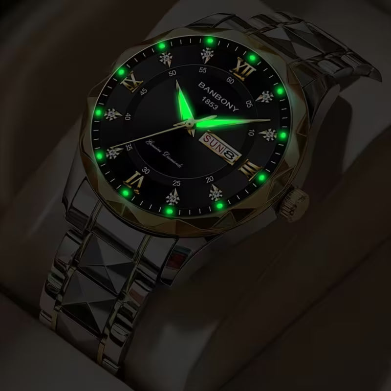 New Stainless Steel Men's Quartz Watch – Roman Numerals, Rhinestone Dial, Date Calendar, Luminous Display – Trendy Minimalist Luxury Design, Ideal Birthday & Holiday Gift – Elegant Couple Watch Set
