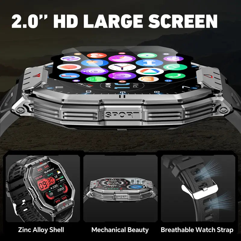 Smart Watch KR82 for Men,2.1" Ultra Large HD AMOLED Display, Make/Answer Call Military Smart Watches for Men Digital Mens Watches Running Waterproof Voice Assistant,Smartwatch Compatible for Android and iOS Wearable Smartphone