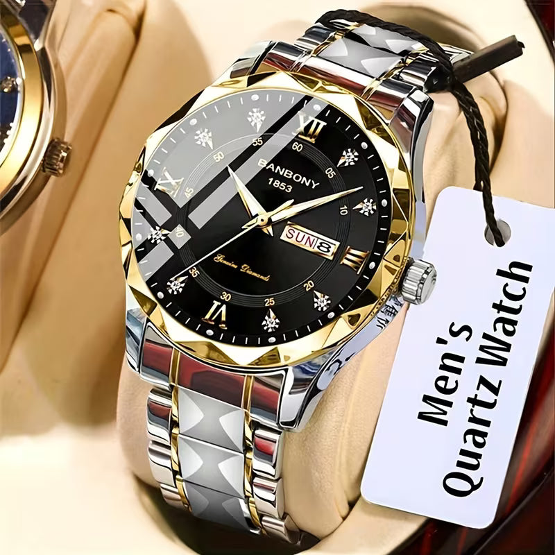 New Stainless Steel Men's Quartz Watch – Roman Numerals, Rhinestone Dial, Date Calendar, Luminous Display – Trendy Minimalist Luxury Design, Ideal Birthday & Holiday Gift – Elegant Couple Watch Set