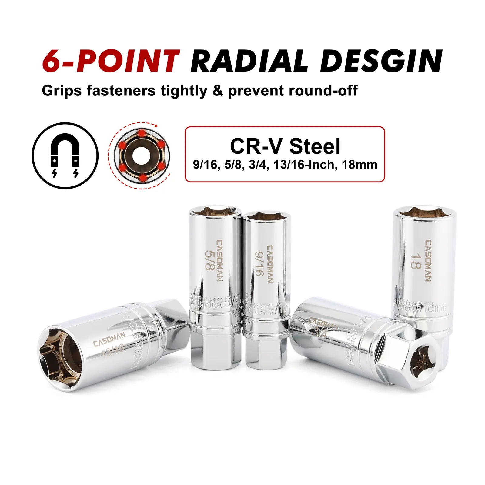 10-Piece 3/8" Drive Magnetic Spark Plug Socket Set - CR-V Steel with Extension Bar and Universal Joint