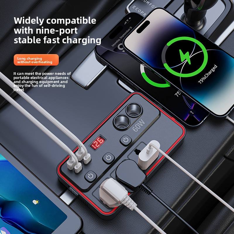 ABS Vehicle-Mounted Smart Power Inverter DC 12V-24V to AC 110V-220V 60W/80W/100W/150W, USB & Type-C Fast Charging Portable Car Converter For African Drivers, Travel & Daily Household Use