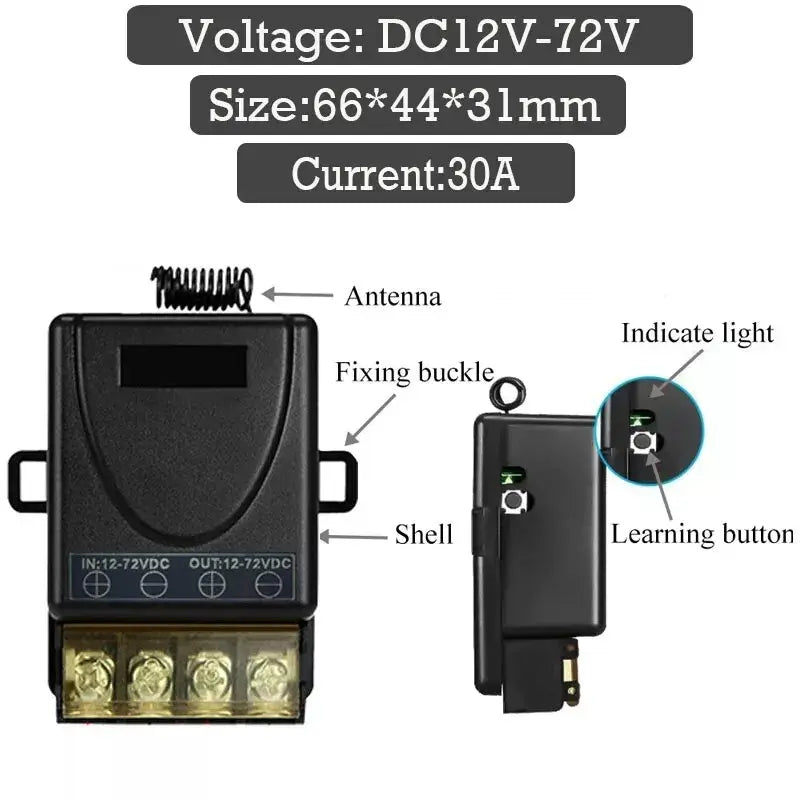 433Mhz Universal Remote Controlled Socket - 30A Smart Home DC Power Switch, Compatible with 9V, 12V, 24V, 72V DC Systems