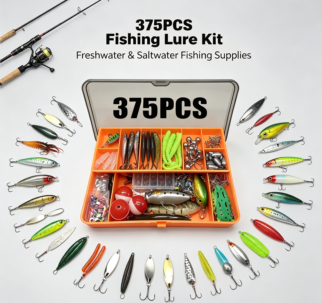 Fishing Lure Kit – 375-Piece Tackle Set with Spoon Lures, Soft Plastic Worms, Crankbaits, Jigs & Hooks – Complete Fishing Supplies for Freshwater & Saltwater