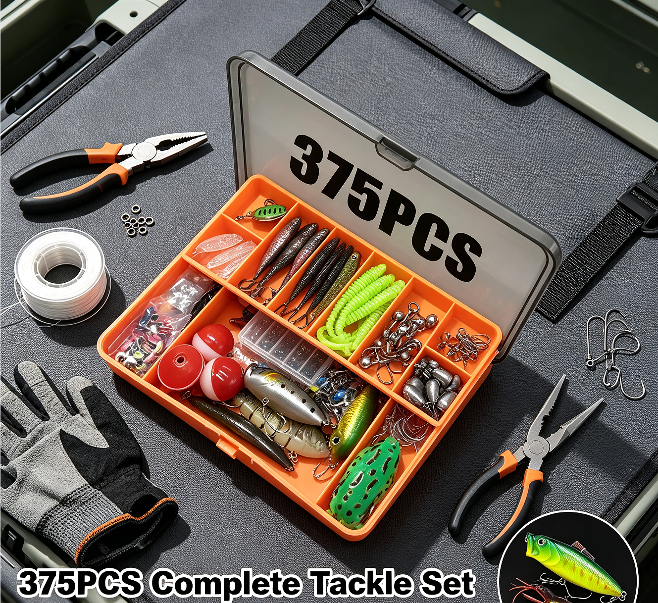 Fishing Lure Kit – 375-Piece Tackle Set with Spoon Lures, Soft Plastic Worms, Crankbaits, Jigs & Hooks – Complete Fishing Supplies for Freshwater & Saltwater