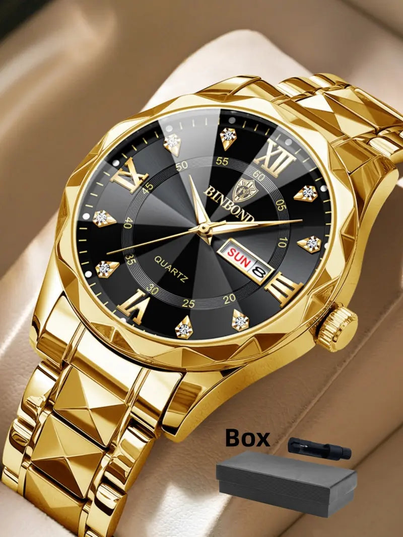 Men's Business Fashion Rhinestone Decor Analog Quartz Watch, Calendrier Waterproof Watch for Party, Daily Decor, Trendy Watch for Birthday Gift with Box, Stainless Steel Wristwatch, Rhinestone Embellished Watch