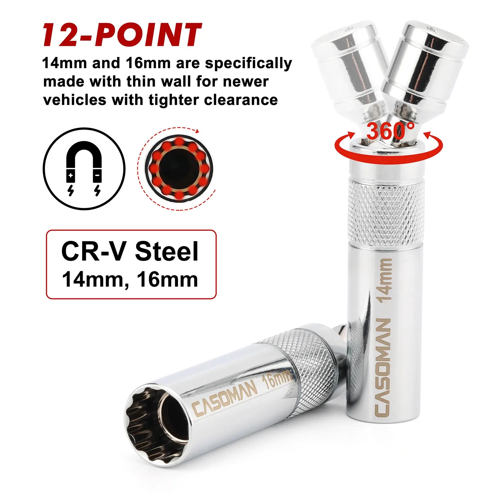 10-Piece 3/8" Drive Magnetic Spark Plug Socket Set - CR-V Steel with Extension Bar and Universal Joint