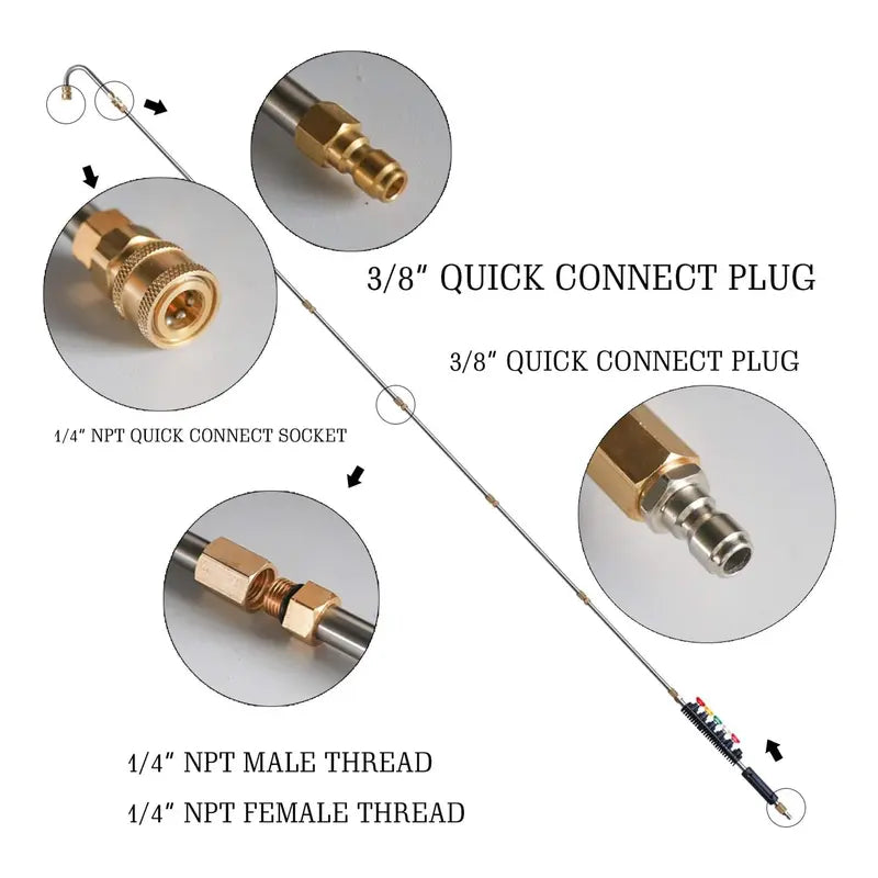 Pressure Washer Extension Wand, 10 Pack Power Washer Lance with 5 Atomization Nozzle Tips,1 Gutter Cleaner Attachment Curved Rod, 1/4" Quick Connect, 4000 PSI Brass Stainless Steel,father'sdaygifts