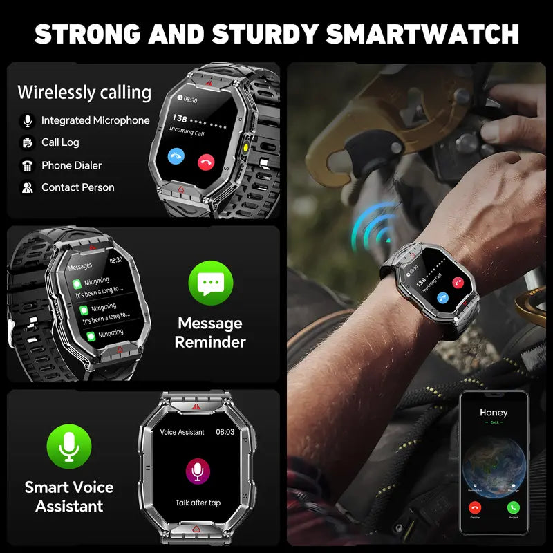 Smart Watch KR82 for Men,2.1" Ultra Large HD AMOLED Display, Make/Answer Call Military Smart Watches for Men Digital Mens Watches Running Waterproof Voice Assistant,Smartwatch Compatible for Android and iOS Wearable Smartphone