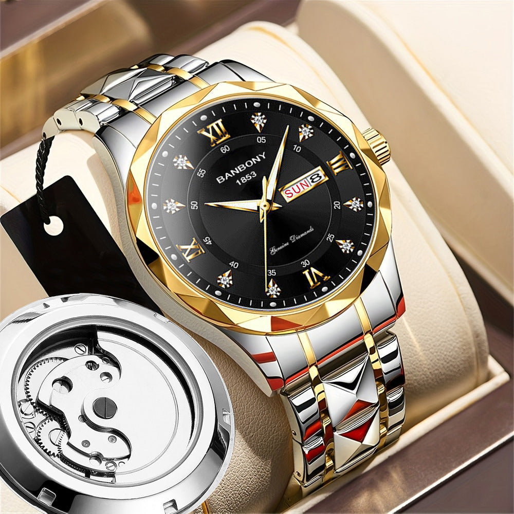New Stainless Steel Men's Quartz Watch – Roman Numerals, Rhinestone Dial, Date Calendar, Luminous Display – Trendy Minimalist Luxury Design, Ideal Birthday & Holiday Gift – Elegant Couple Watch Set