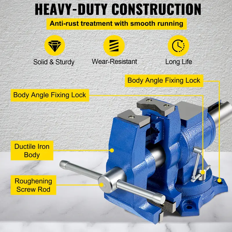 VEVOR 5" Heavy Duty Bench Vise Double Swivel Rotating Vise Head/Body Rotates 360°,Pipe Vise Bench Vices 30Kn Clamping Force,for Clamping Fixing Equipment Home or Industrial Use