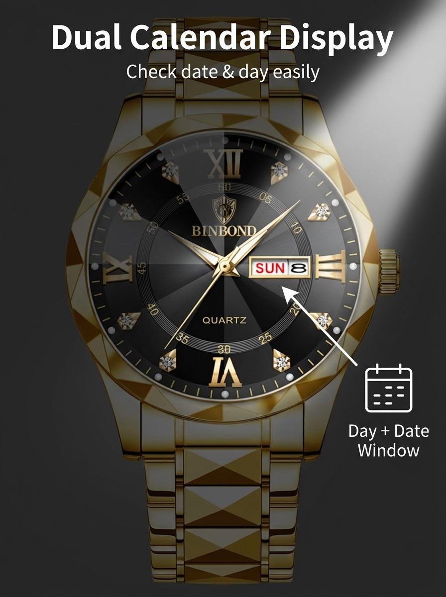 Men's Business Fashion Rhinestone Decor Analog Quartz Watch, Calendrier Waterproof Watch for Party, Daily Decor, Trendy Watch for Birthday Gift with Box, Stainless Steel Wristwatch, Rhinestone Embellished Watch