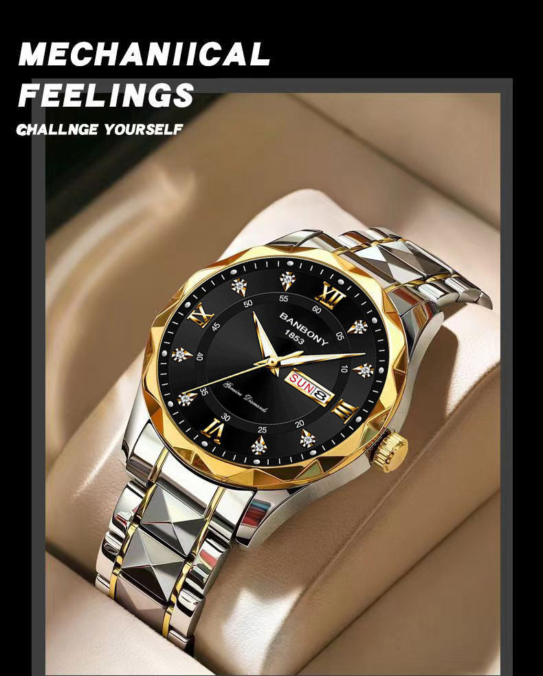 New Stainless Steel Men's Quartz Watch – Roman Numerals, Rhinestone Dial, Date Calendar, Luminous Display – Trendy Minimalist Luxury Design, Ideal Birthday & Holiday Gift – Elegant Couple Watch Set