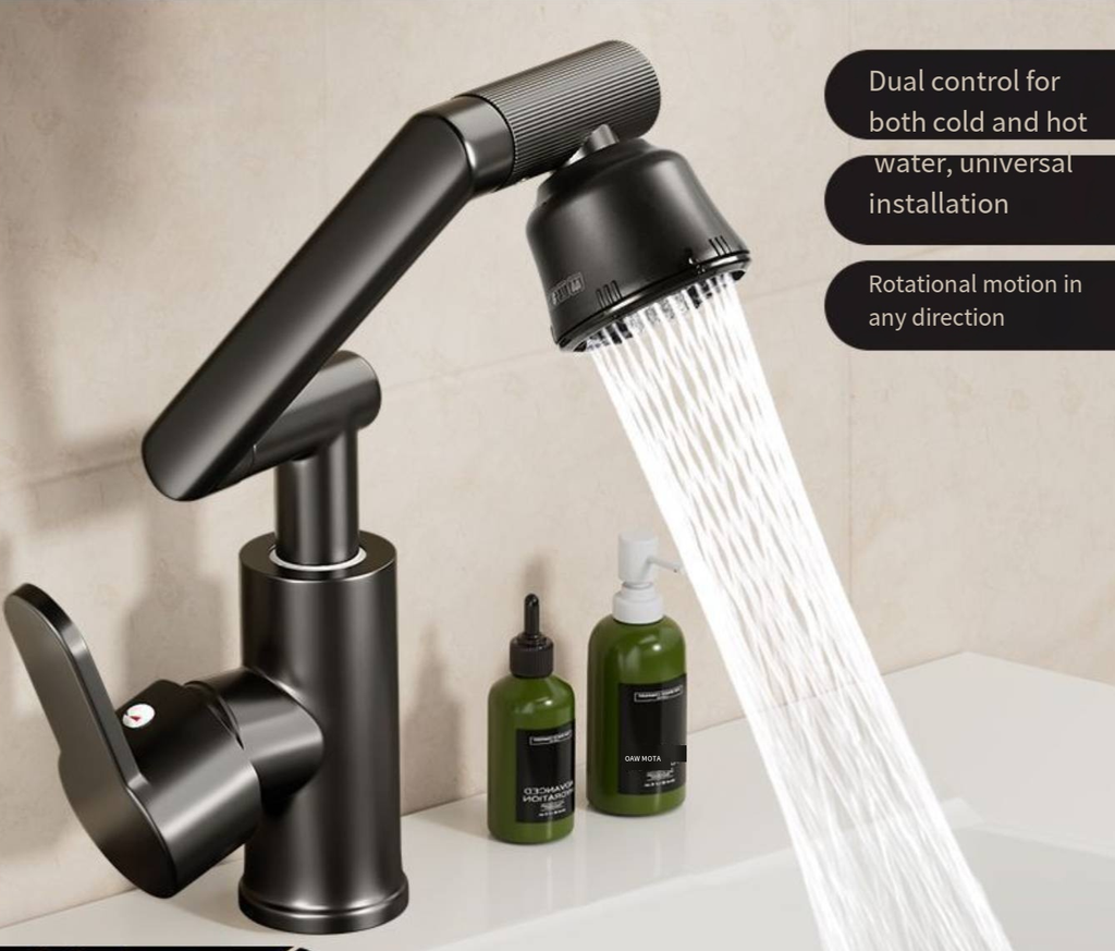 1080° Rotating Bathroom Vanity Faucet – Single-Handle Single-Hole Waterfall Faucet with Adjustable Height Spout, 60cm Hose Included – High-Arc Swivel Design for Versatile Use