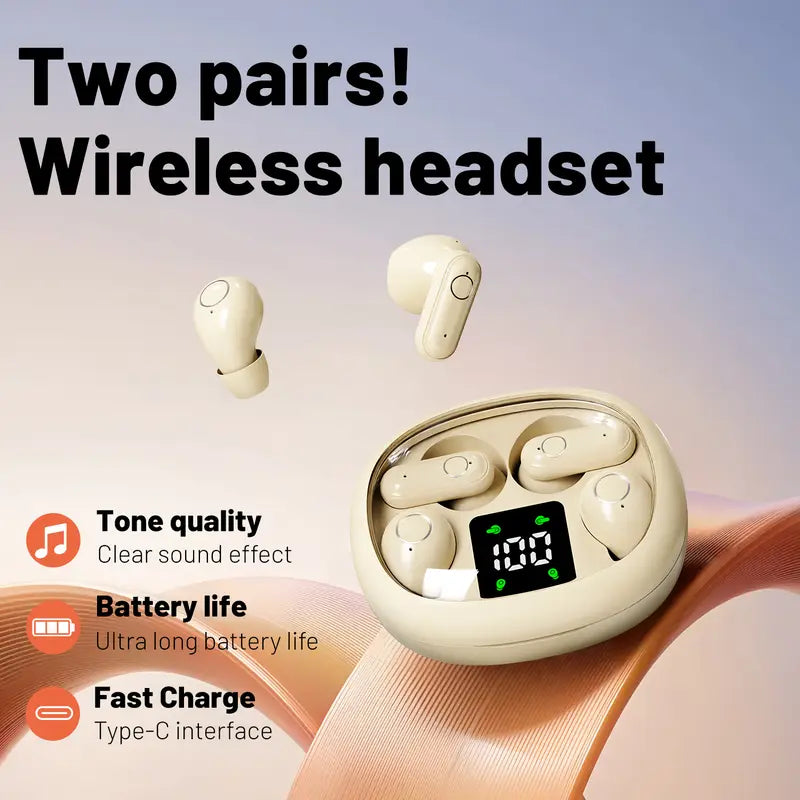 2 Pairs Bluetooth 5.4 Cream White Wireless Earbuds – Built-in Noise Reduction, Up to 36H Battery, HD Calls, Waterproof Touch Control In-Ear – Ideal for Sleeping, Office & Sports