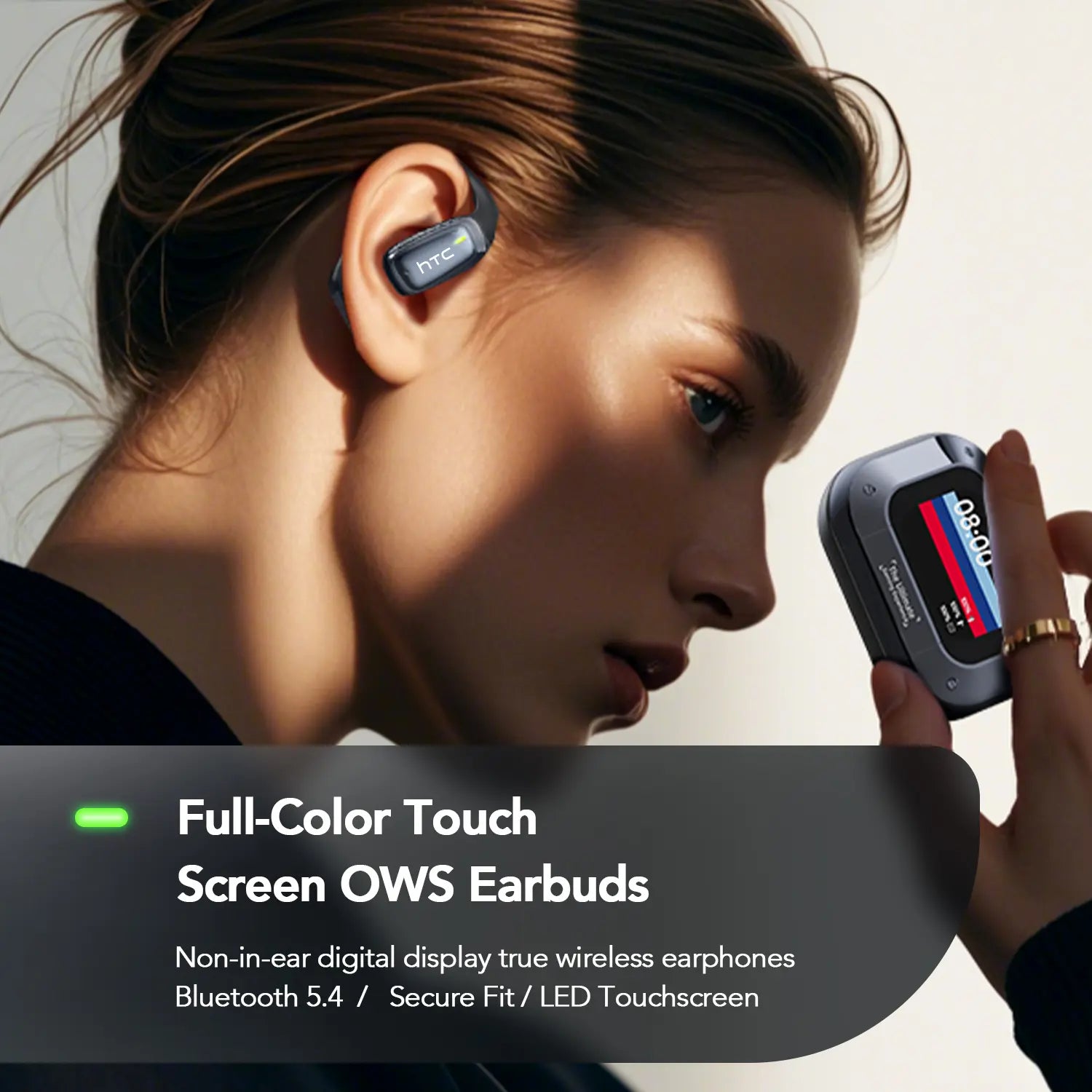 HTC NE25 Translation Earbuds, Real-time Translation, Open Wireless Bluetooth Headphones, Supports 134 Languages with App, Vibrant Color Touchscreen, OWS Technology, Integrated Microphone, High-Quality Sound, Compatible with iOS and Android