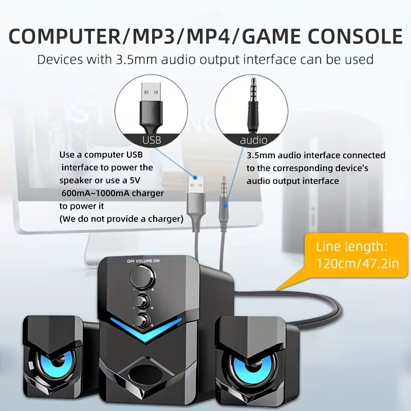 SADA D-222 2.1 Desktop Speaker System – USB Powered, 3.5mm AUX Input, LED Ambient Light, Subwoofer for PC & Laptop