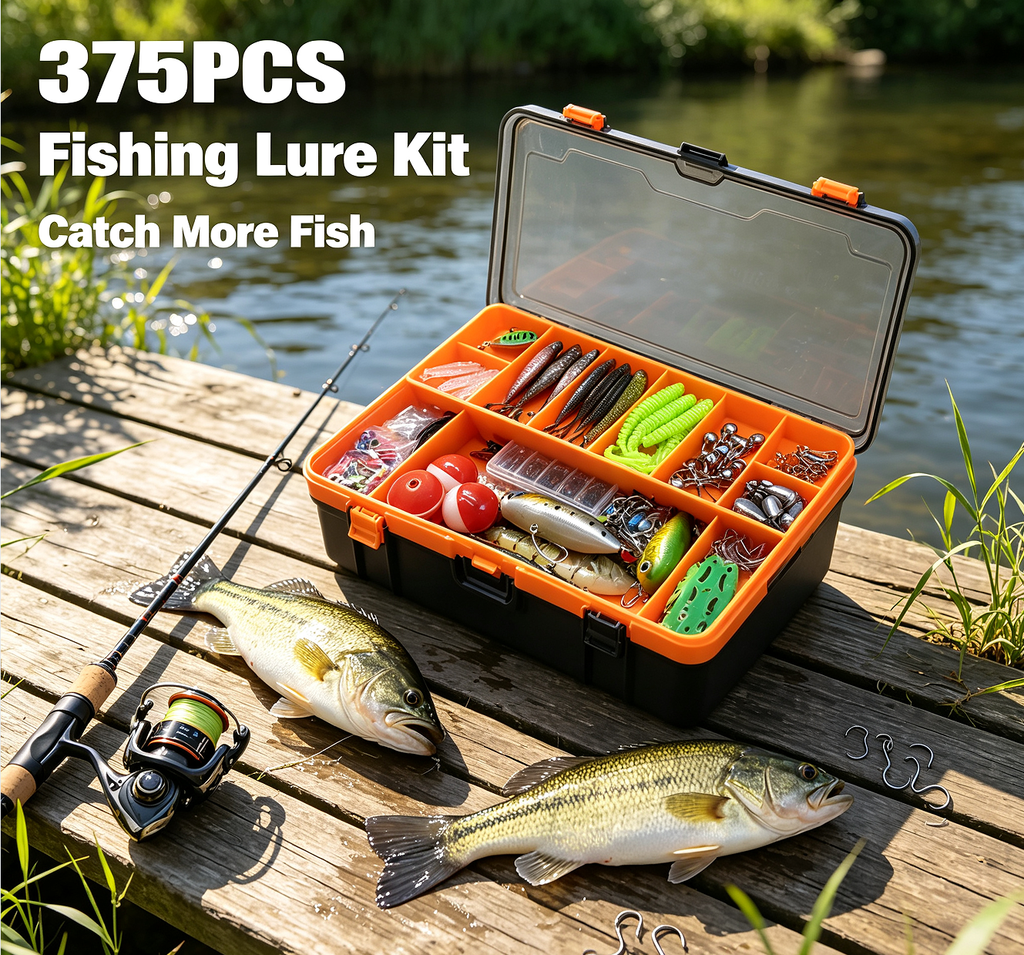 Fishing Lure Kit – 375-Piece Tackle Set with Spoon Lures, Soft Plastic Worms, Crankbaits, Jigs & Hooks – Complete Fishing Supplies for Freshwater & Saltwater
