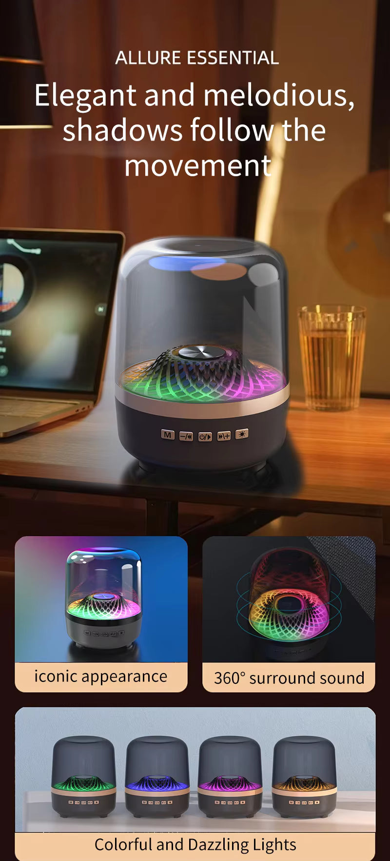 Portable Harman Transparent Bluetooth Speaker 5W Stereo Sound RGB Color Gradient Lighting, 500mAh Long Battery Mini Wireless Speaker Suitable For African Family Party, Bedroom & Outdoor