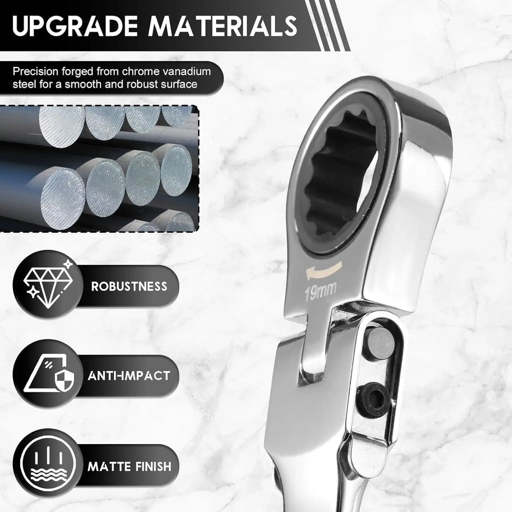 12-in-1 Interchangeable Flex Head Ratchet Wrench Set - Metric 8-19mm, 72-Tooth Flex Head for Tight Spaces, Automotive Repair Tool Kit