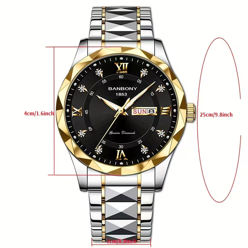 New Stainless Steel Men's Quartz Watch – Roman Numerals, Rhinestone Dial, Date Calendar, Luminous Display – Trendy Minimalist Luxury Design, Ideal Birthday & Holiday Gift – Elegant Couple Watch Set