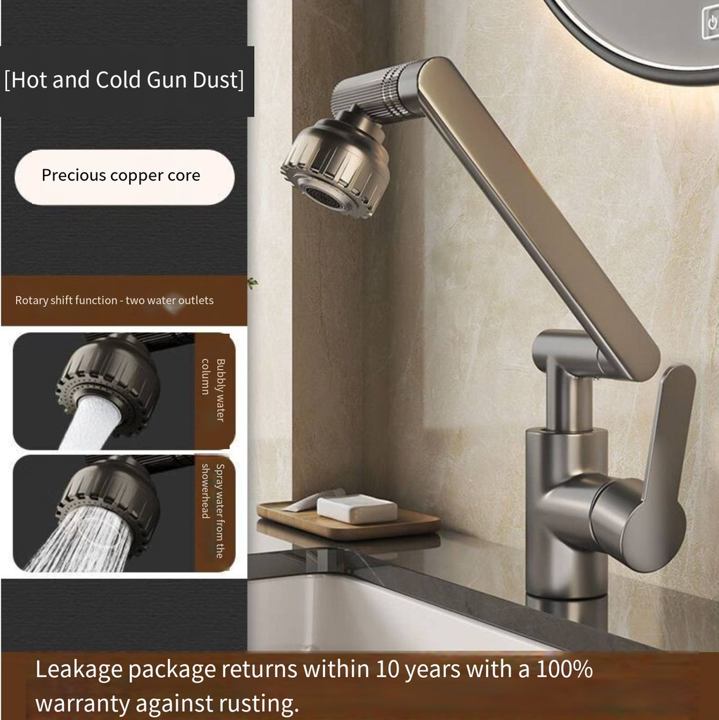 1080° Rotating Bathroom Vanity Faucet – Single-Handle Single-Hole Waterfall Faucet with Adjustable Height Spout, 60cm Hose Included – High-Arc Swivel Design for Versatile Use