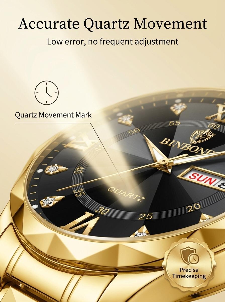 Men's Business Fashion Rhinestone Decor Analog Quartz Watch, Calendrier Waterproof Watch for Party, Daily Decor, Trendy Watch for Birthday Gift with Box, Stainless Steel Wristwatch, Rhinestone Embellished Watch