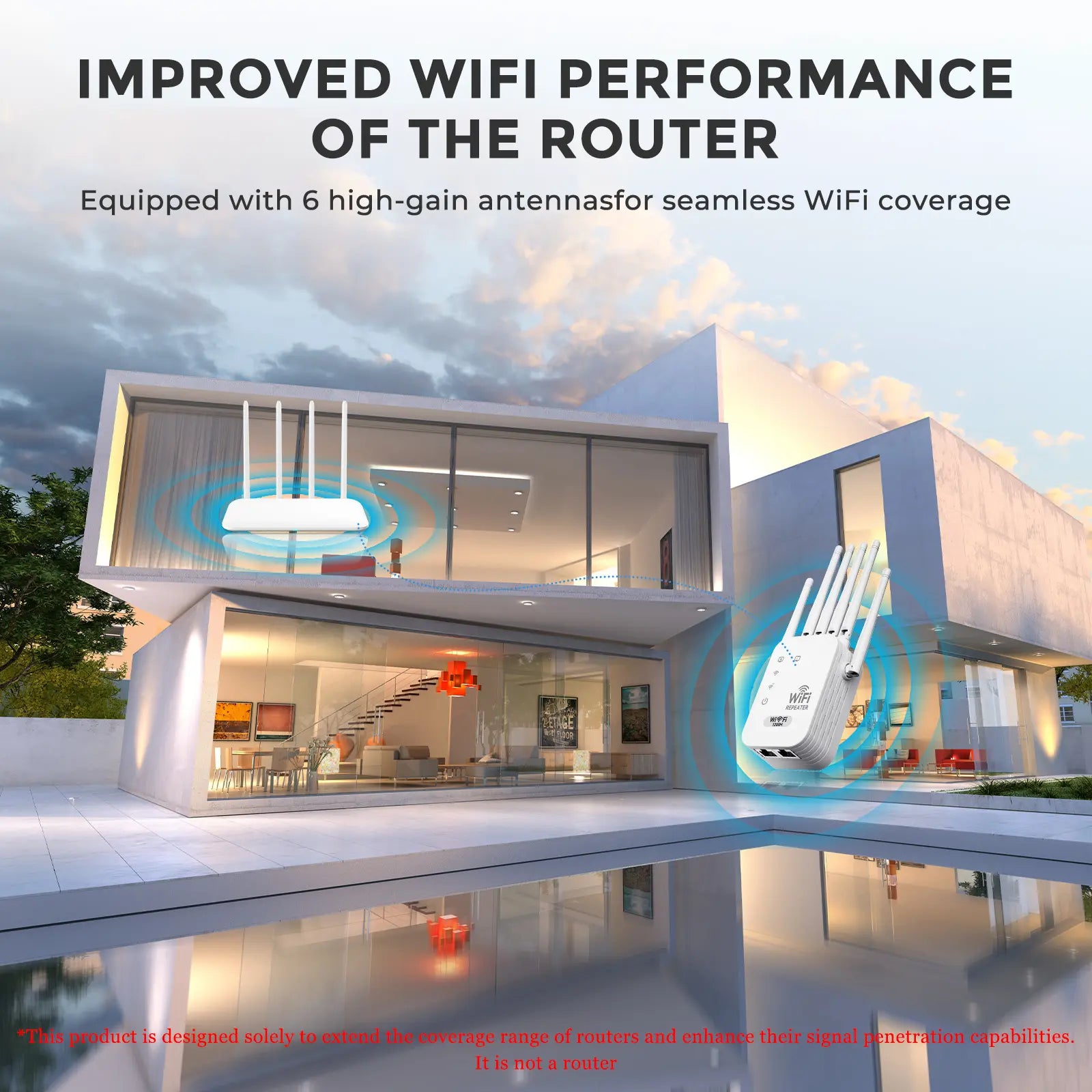 WiFi Extender 2026 with 6 Antennas, AC1200 Dual Band Booster, 12,000 sq.ft Coverage, Supports 100 Devices, Repeater & Ethernet Port, Wifi Range Extender, Wireless Repeater