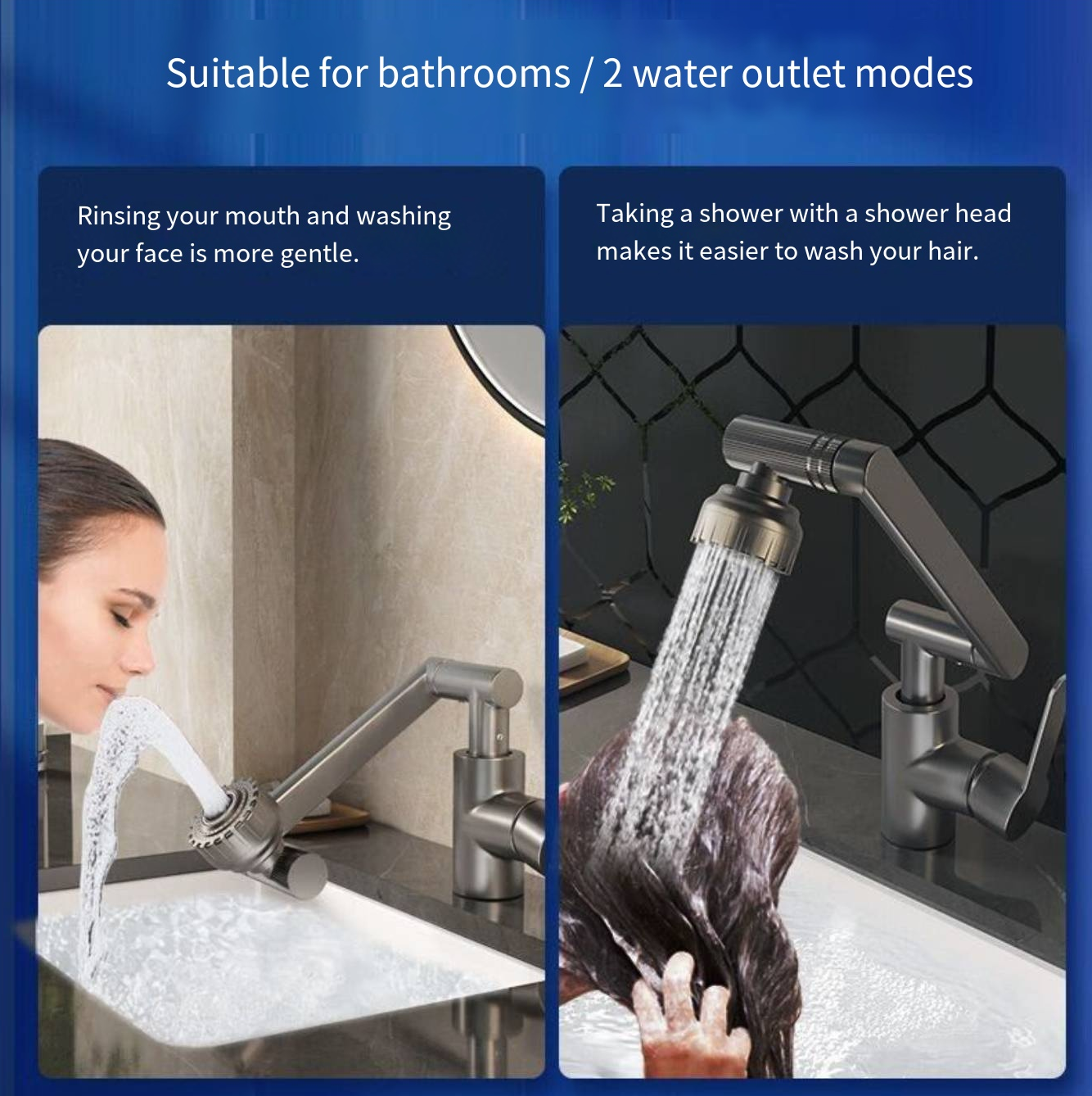 1080° Rotating Bathroom Vanity Faucet – Single-Handle Single-Hole Waterfall Faucet with Adjustable Height Spout, 60cm Hose Included – High-Arc Swivel Design for Versatile Use