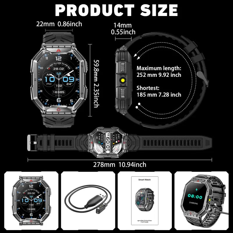 Smart Watch KR82 for Men,2.1" Ultra Large HD AMOLED Display, Make/Answer Call Military Smart Watches for Men Digital Mens Watches Running Waterproof Voice Assistant,Smartwatch Compatible for Android and iOS Wearable Smartphone