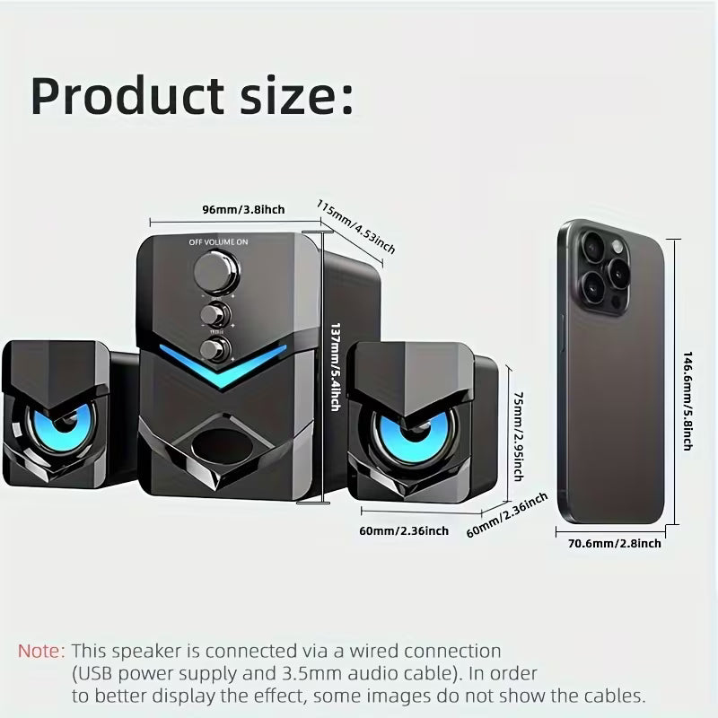 SADA D-222 2.1 Desktop Speaker System – USB Powered, 3.5mm AUX Input, LED Ambient Light, Subwoofer for PC & Laptop
